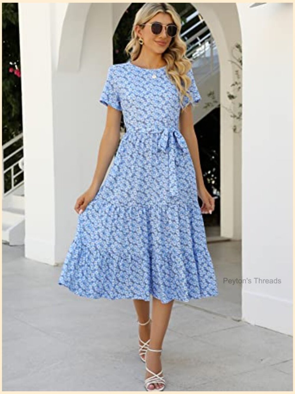 Tiered Midi Dress Short Sleeve Belted Ruffle Babydoll Boho Sundress with Pockets - Picture 3 of 7